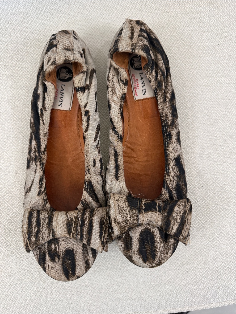 Lanvin Beige and Black Animal-Print Bow Flats